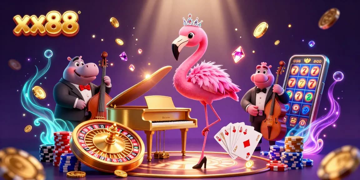 Spin the reels and win big with xx88's vibrant casino atmosphere featuring a lively flamingo and hippo.