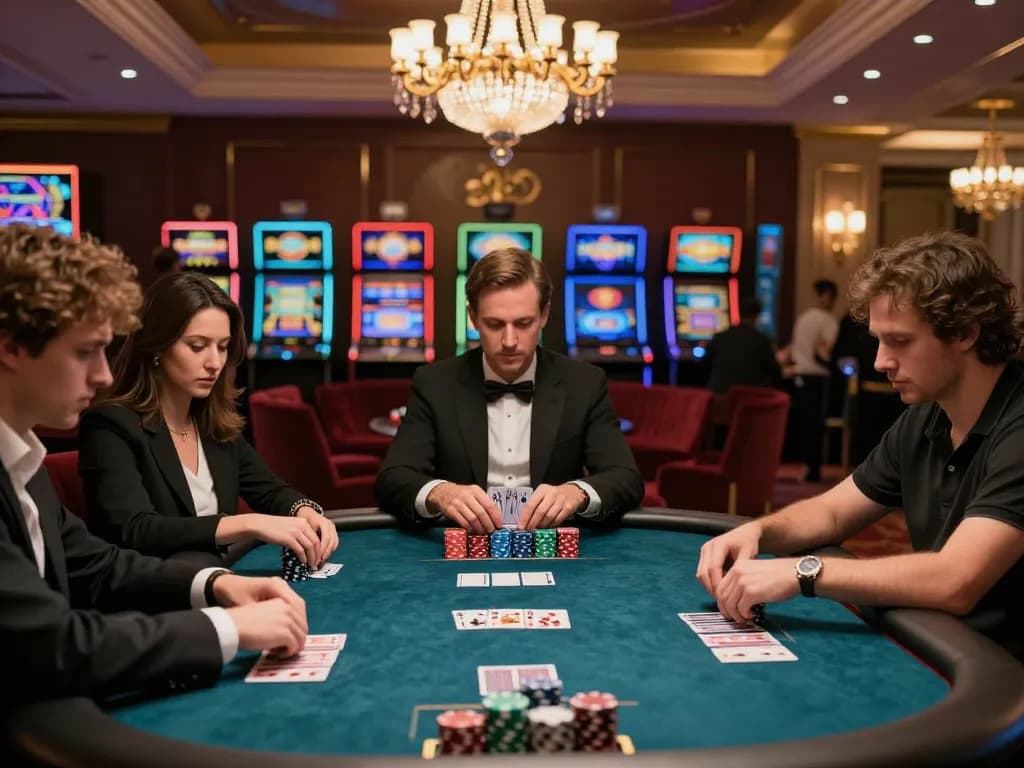 HITCLUB poker players strategizing amidst luxurious casino environment.