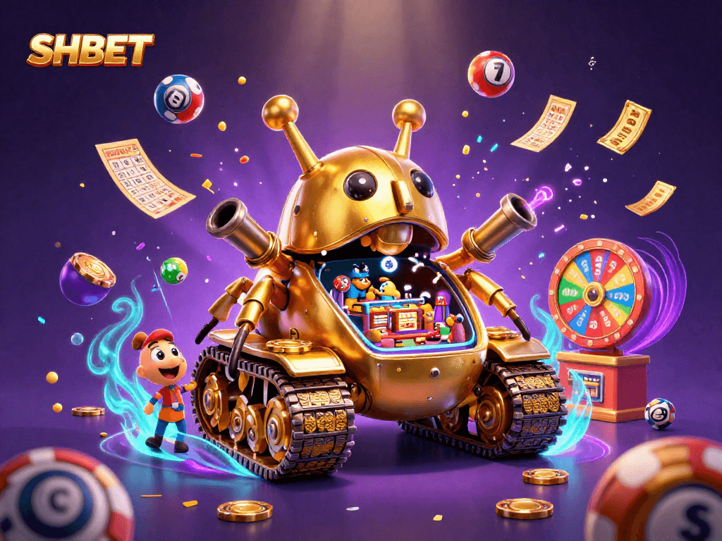 Experience the SHBET excitement with dynamic casino action featuring lottery balls and a mini casino inside a golden beetle tank.