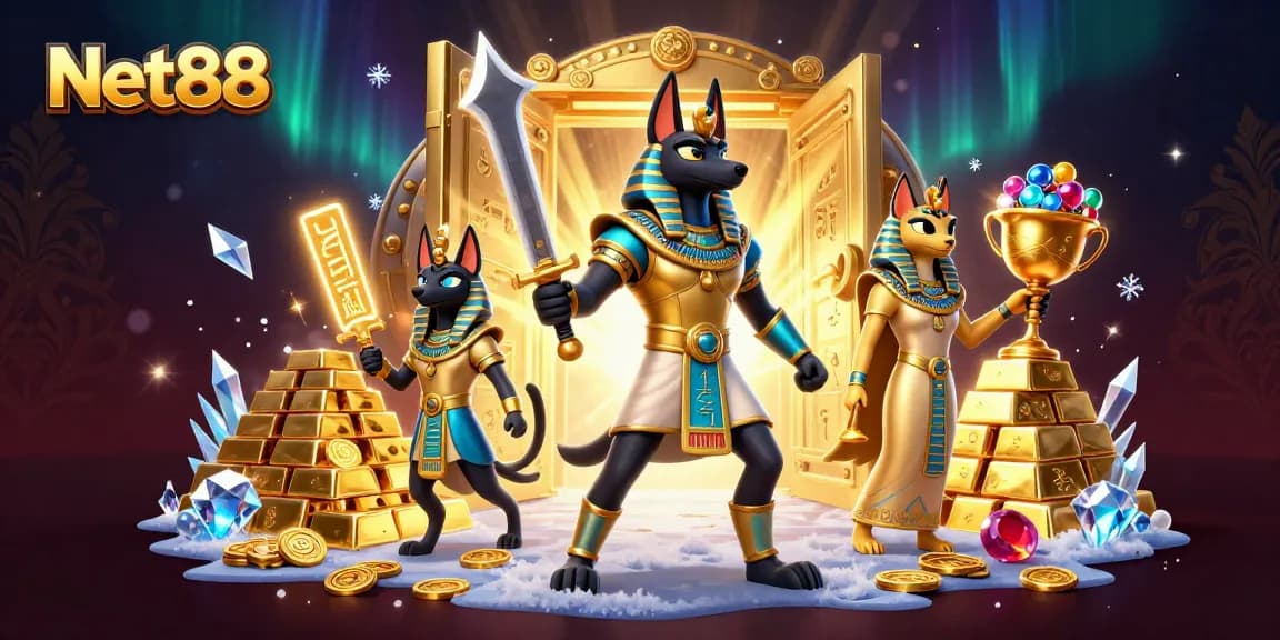 Experience thrilling gaming with Net88, featuring a vibrant Egyptian theme in an exciting casino scene.