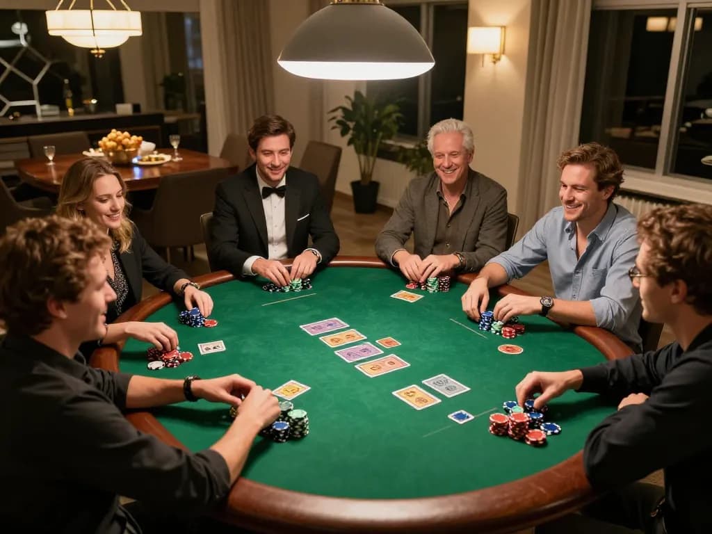 Max88 players enjoying a friendly poker game night with chips and cards visible.