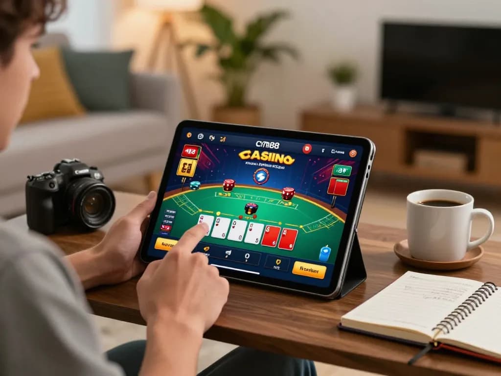 Experience engaging gameplay with cm88 casino app on a tablet in a cozy home setting.