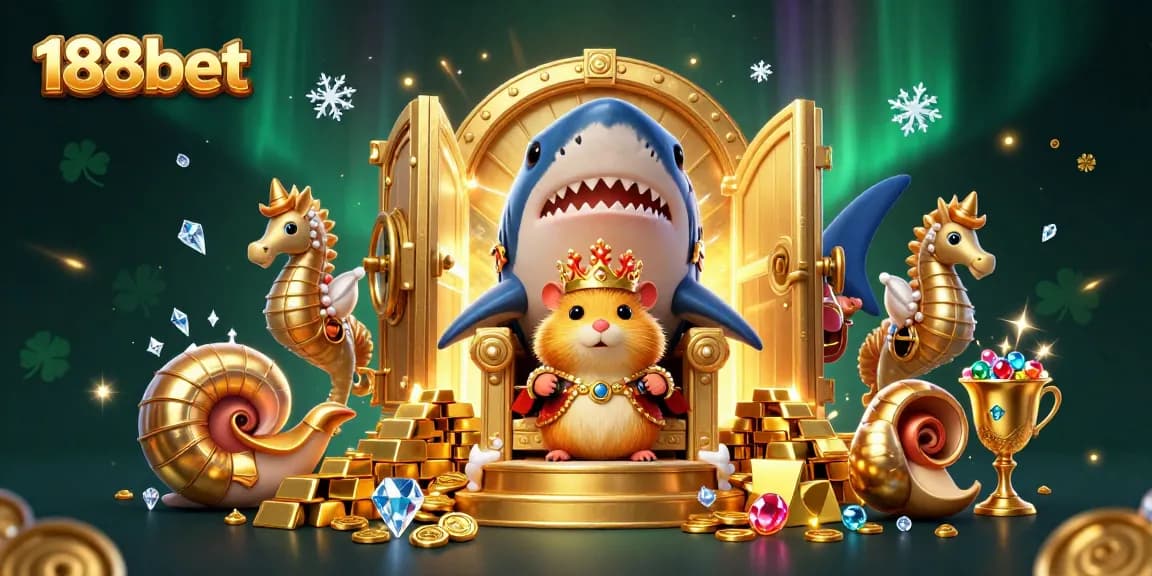 Experience the vibrant world of 188bet with a fierce golden hamster king atop a megalodon throne, surrounded by treasures.