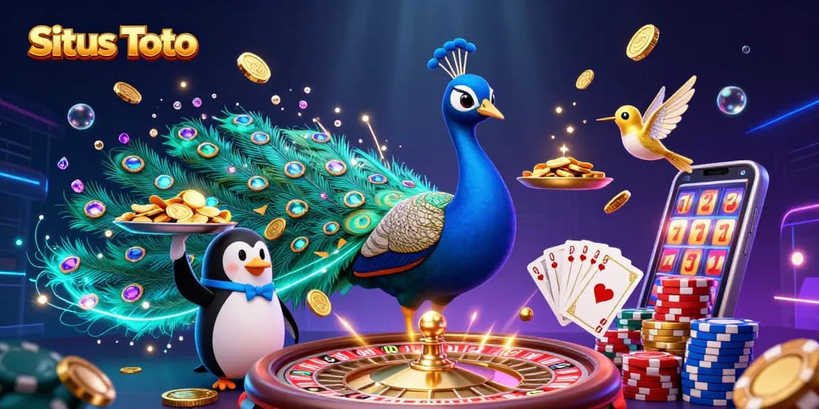 Taruhan dengan Situs Toto, ilustrasi 3D menampilkan burung merak aristokrat dan pengantar penguin.