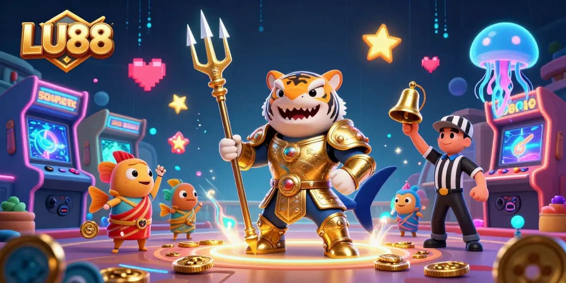 LU88 showcases thrilling gameplay with a tiger shark warrior in a vibrant casino setting.
