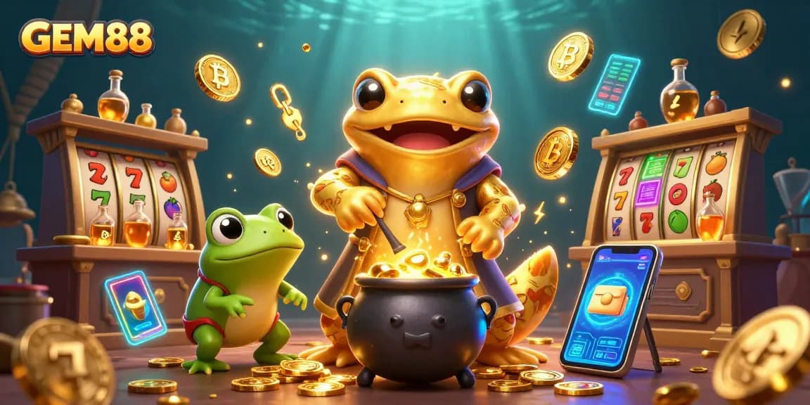 Experience GEM88 excitement with a vibrant 3D scene of gaming alchemy and golden treasures.
