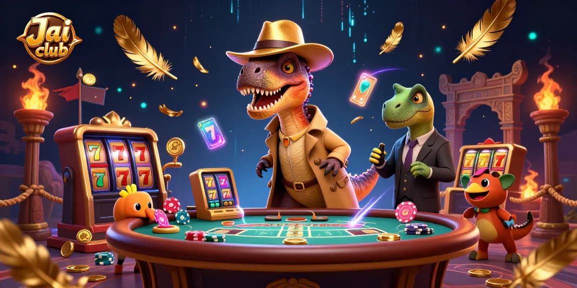 Experience thrilling blackjack action at Jai club with a velociraptor card counter and animated casino elements.