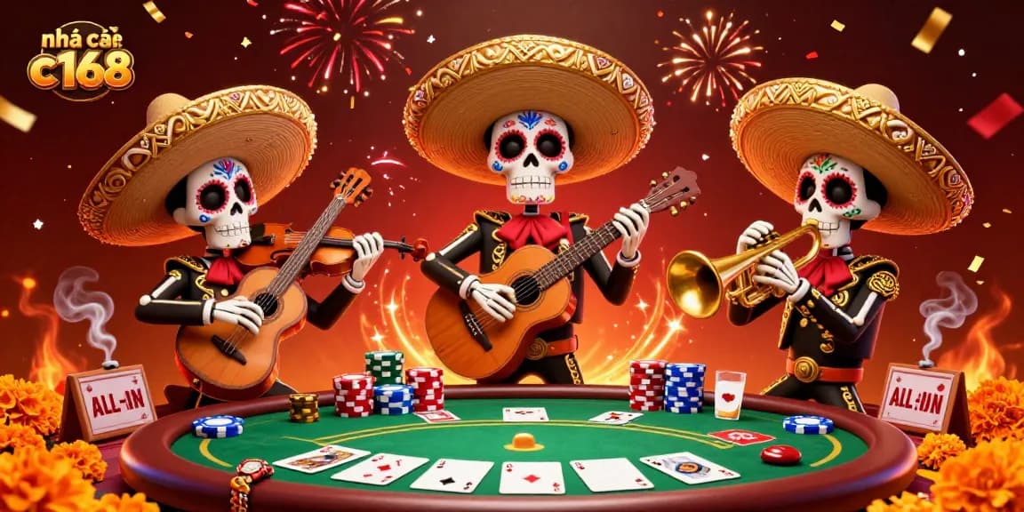 Engage in thrilling poker action with nhà cái c168 and vibrant mariachis in this festive casino scene.
