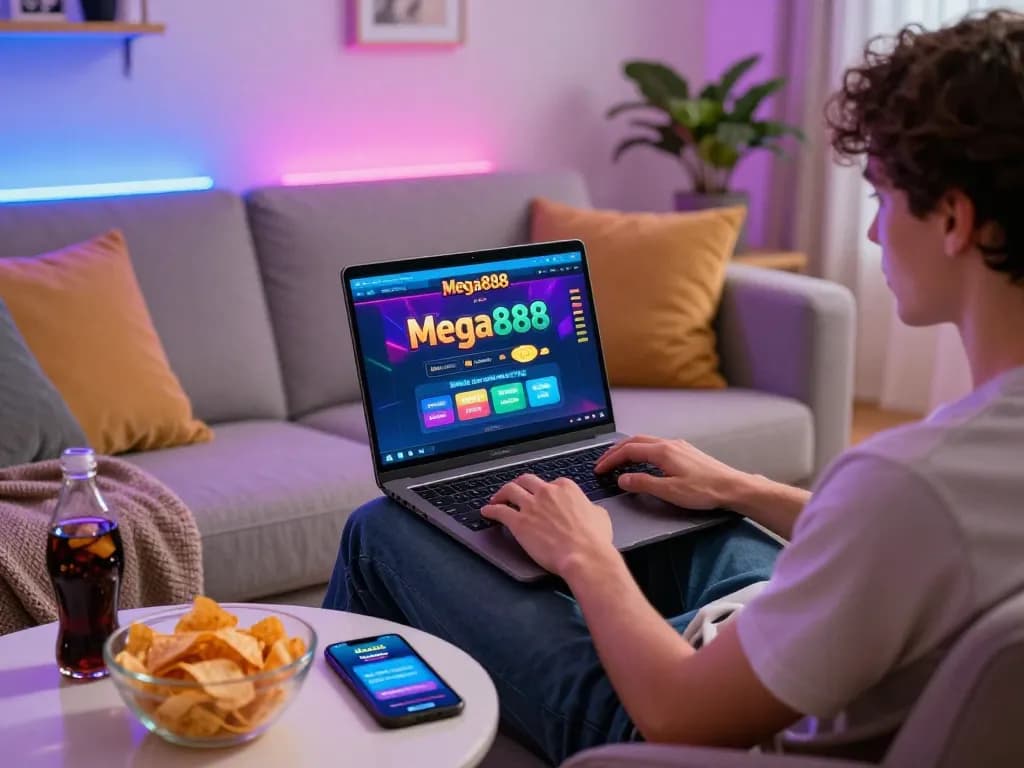 Player enjoying free credit mega888 on a laptop in a cozy living room with snacks and colorful lights.