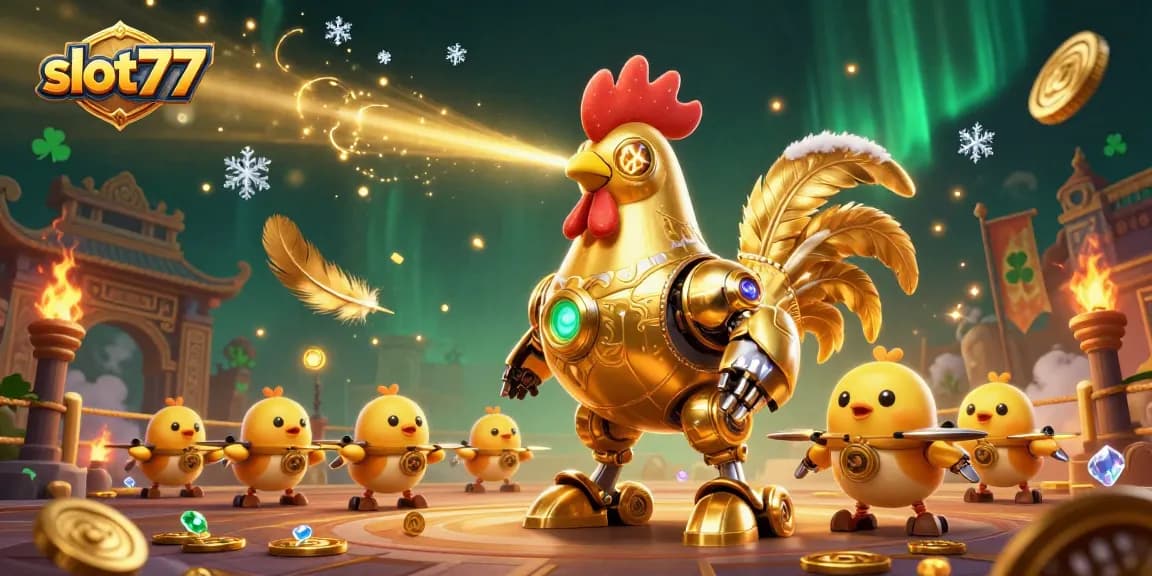 Experience big wins at slot777 with a vibrant scene featuring a golden rooster robot and adorable chick drones.