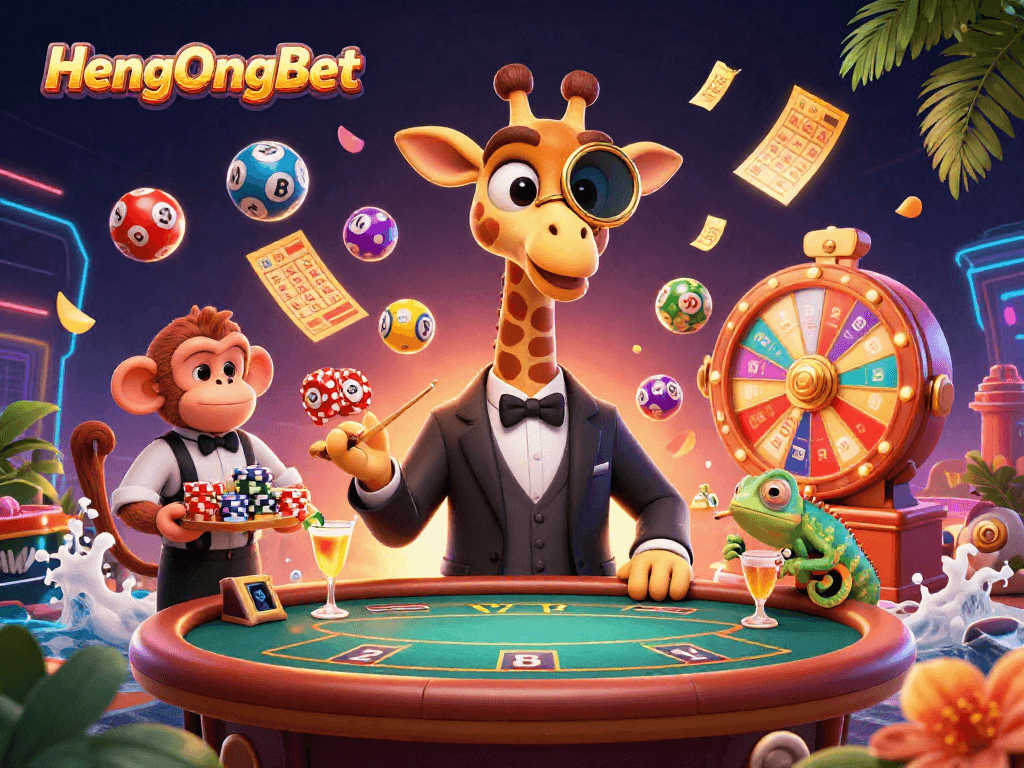 Experience thrilling gameplay with HengOngBet as the high-roller giraffe welcomes you to a vibrant casino.
