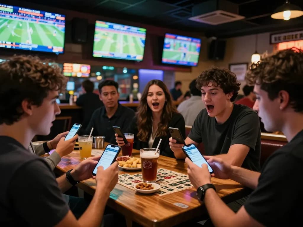 LIGA2000 sports betting experience with patrons excitedly engaging with live games.