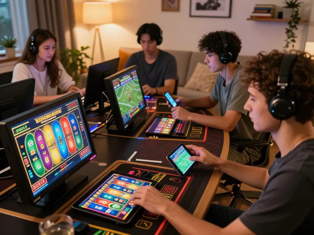 Players enjoying ดูหนังใหม่ while gaming online at home with tablets and smartphones in a cozy atmosphere