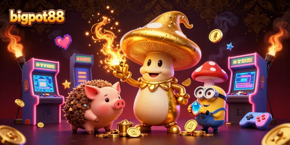 Experience bigpot88 gaming magic with a golden mushroom wizard and treasure-hunting pig in this vibrant casino scene.