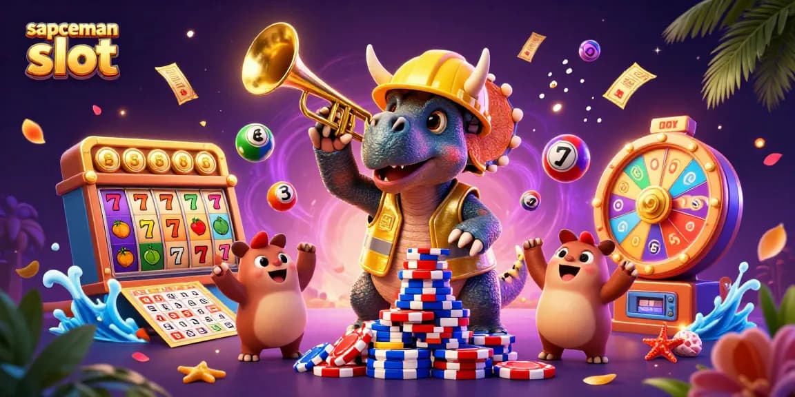 Sapceman slot illustration portraying a triceratops stacking poker chips amidst vibrant casino elements.