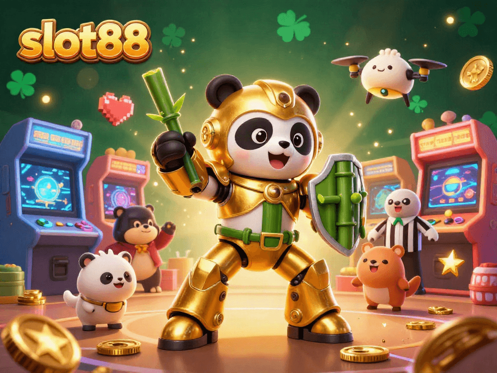 Play slot88 in a vibrant casino scene featuring a mech-suit panda and arcade games.