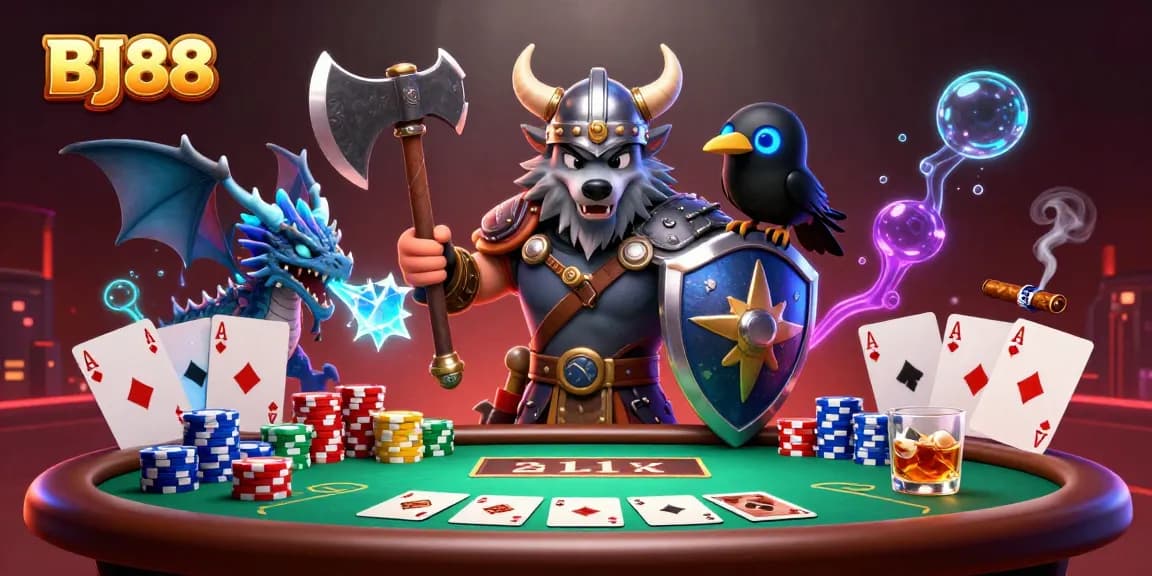 Engage with BJ88, imagine a courageous Viking wolf warrior and dragon amidst a dynamic poker scene.