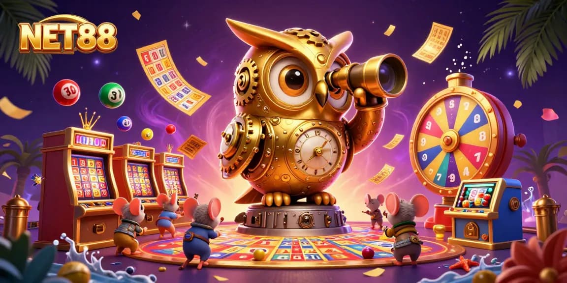 Experience vibrant NET88 casino games with a clockwork owl overseeing the action, adding excitement.