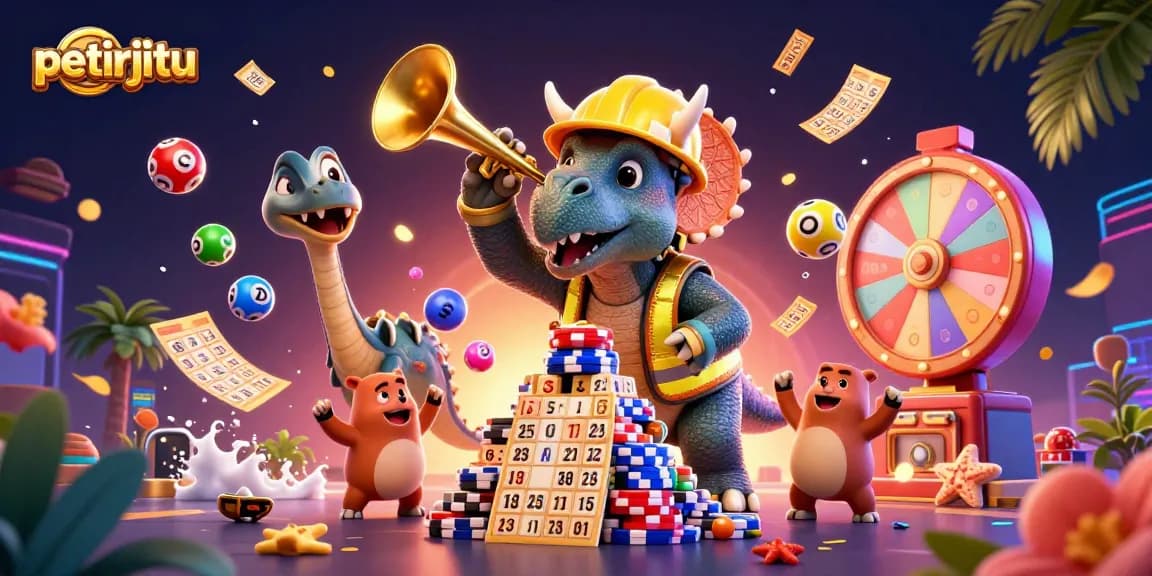 Menangkan kesenangan di PETIRJITU dengan ilustrasi kartun kasino 3D yang penuh warna dan dinamis.