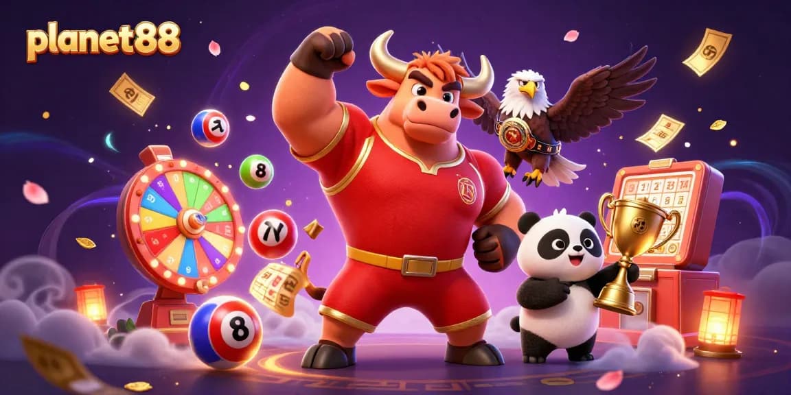 Experience thrilling gameplay with planet88, featuring a victorious bull mascot, an eagle champion, and cheerful panda action!