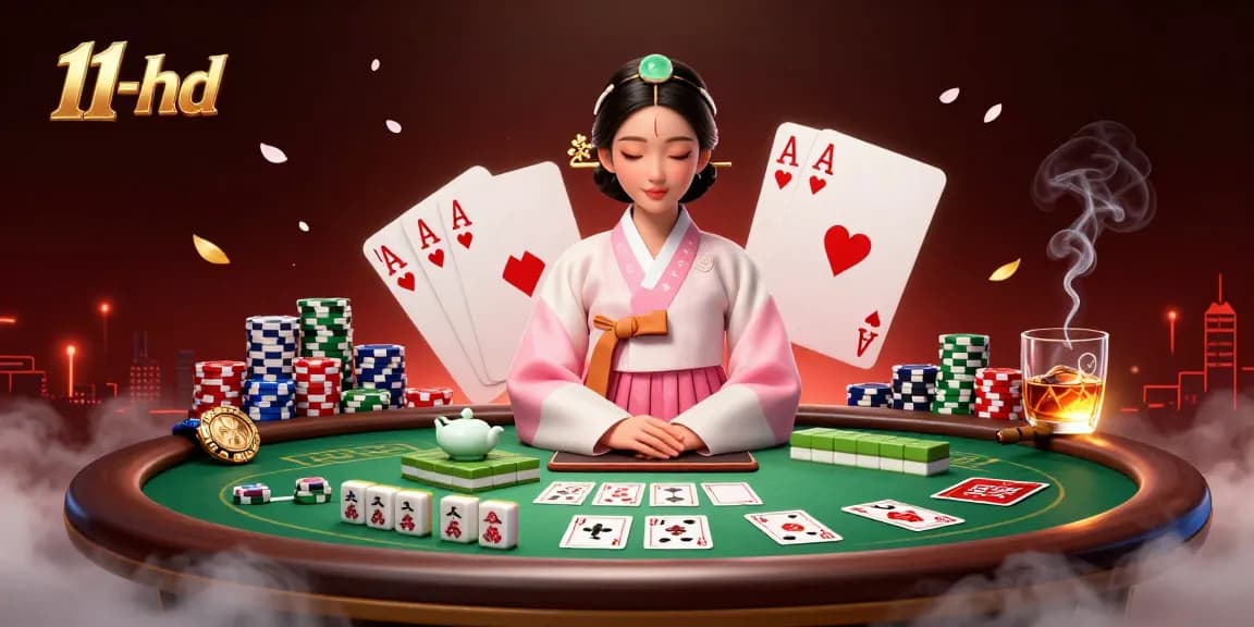 Play poker with style at 11-hd, featuring an elegant Asian woman in a vibrant casino setting.