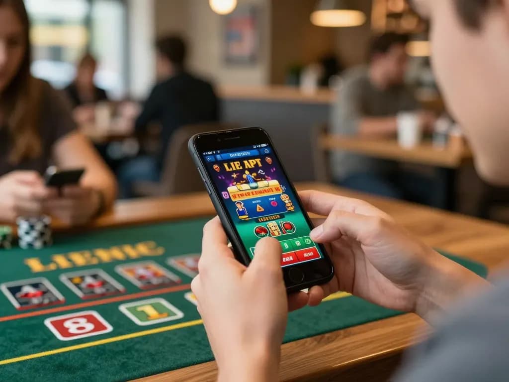 Engaging in an exciting live dealer game on a smartphone with 388bet at a trendy café.