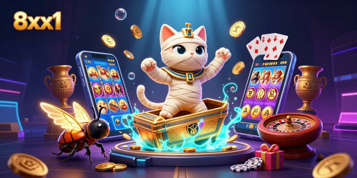 Experience the thrill of 8xx1 as the Egyptian mummy cat reveals hidden treasures in a vibrant casino atmosphere.