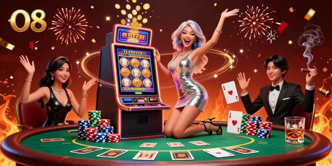 Celebrate jackpots at O8 with a stunning Asian woman enjoying a vibrant casino atmosphere.
