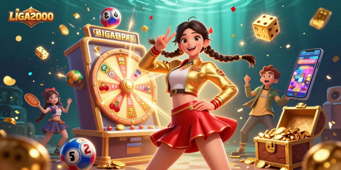 Mesin slot LIGA2000 yang penuh dengan kemenangan dan karakter ceria merayakan jackpot.