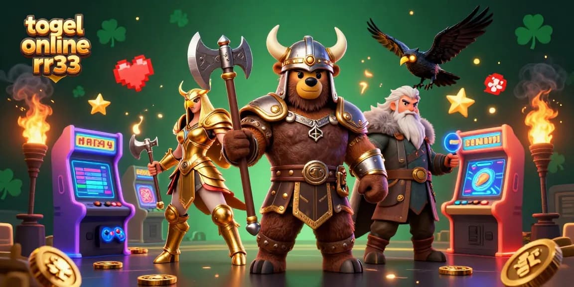 Experience the vibrant world of togel online rr33 with a dynamic 3D scene featuring casino elements and mythical characters.
