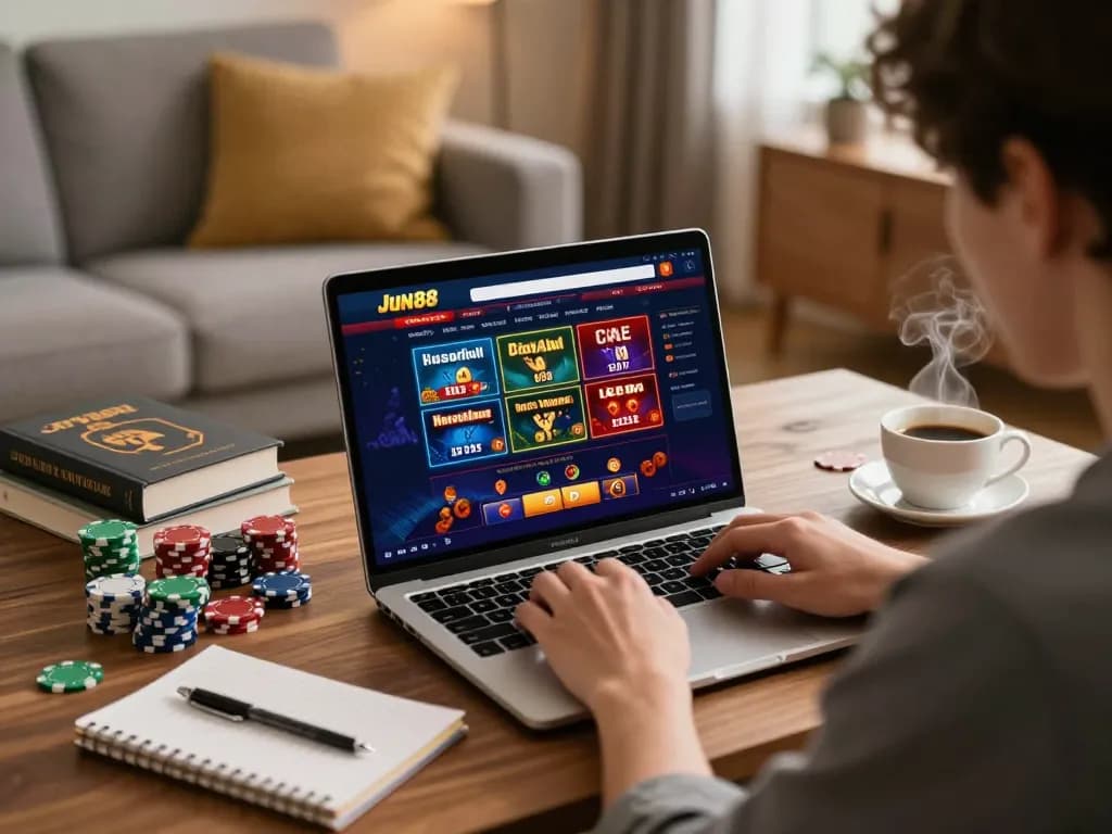 Experience engaging gameplay on Jun88 through online casino, showcasing strategic focus at home.