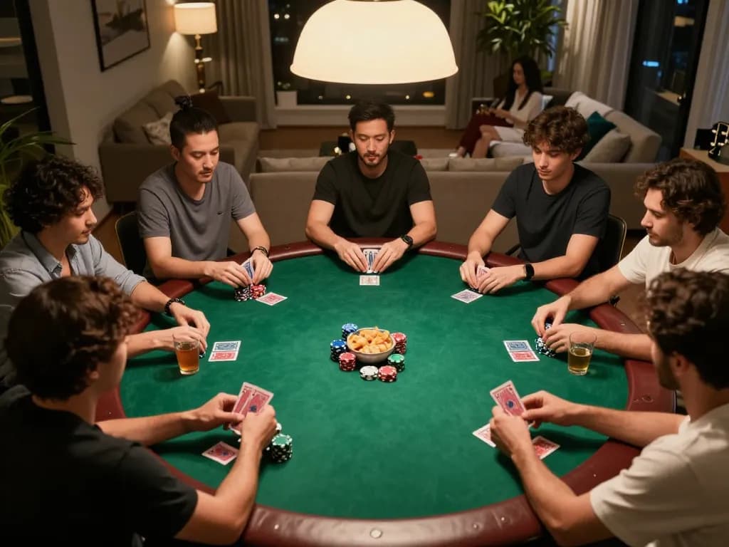 Engaging home poker night scene with players enjoying zx88-style card gameplay at an inviting table