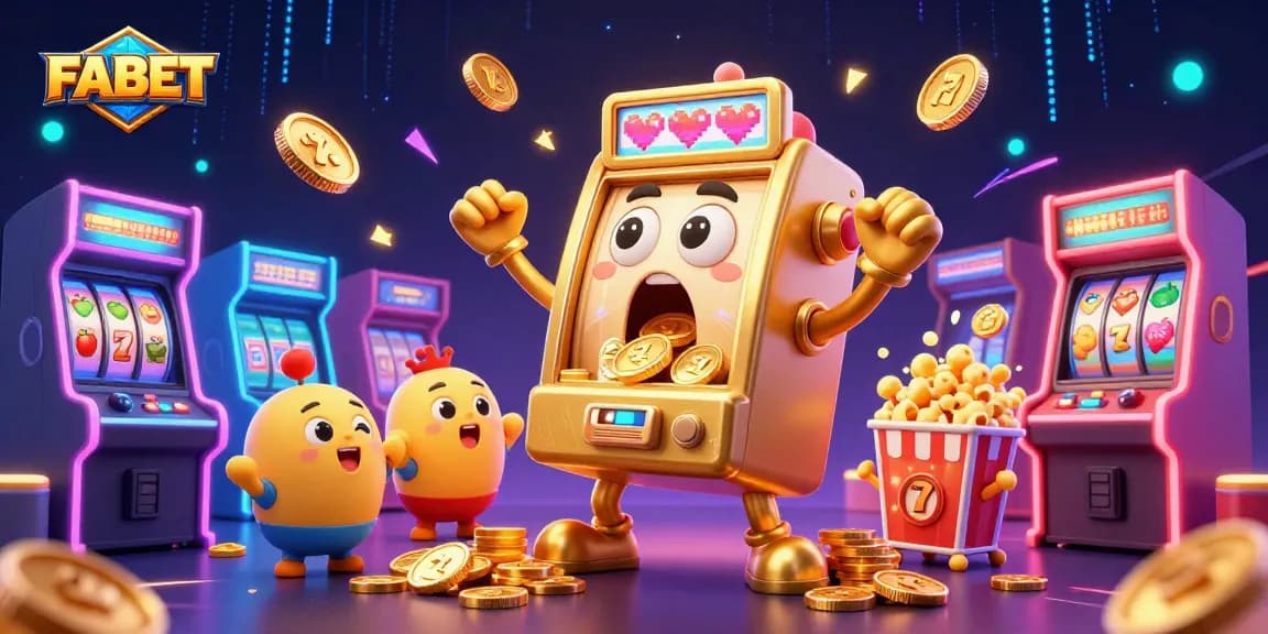 FABET's golden slot machine hits jackpot, surrounded by cheering baby slots and dynamic casino elements.