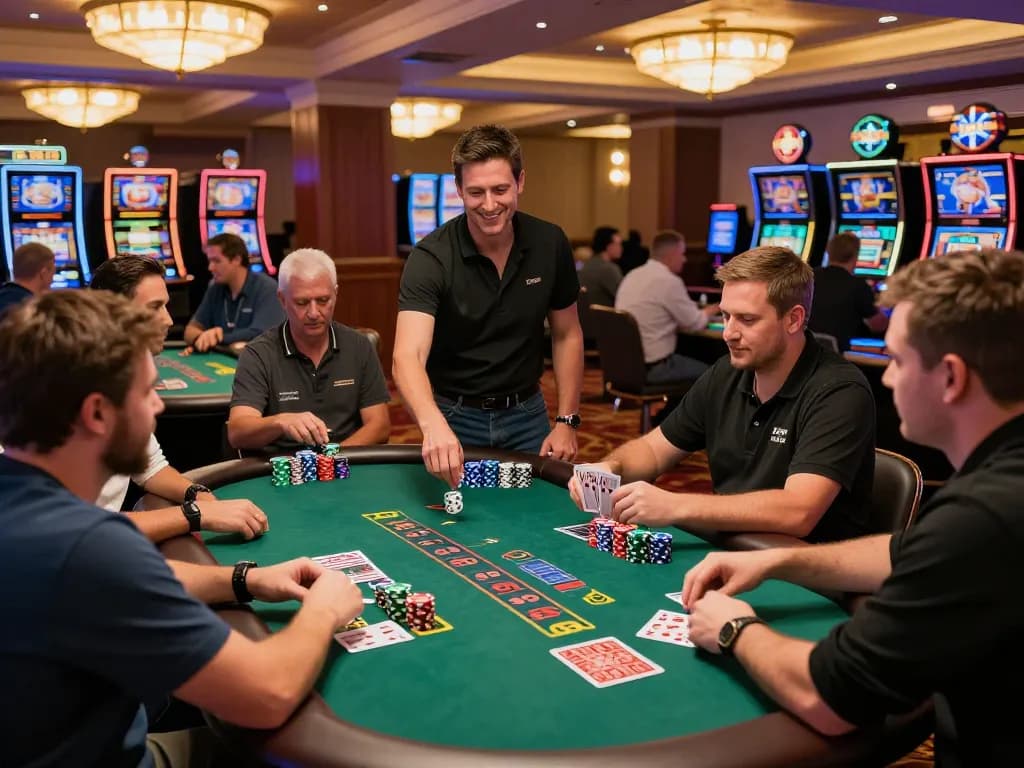 Players at a blackjack table in a casino, showcasing strategy and lively action with 123hero in focus.