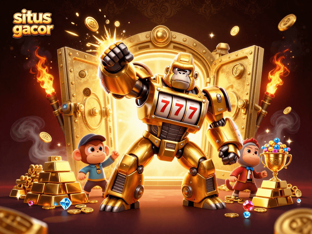 Engage with situs slot gacor in this vibrant 3D artwork featuring winning slot machine elements and treasure.