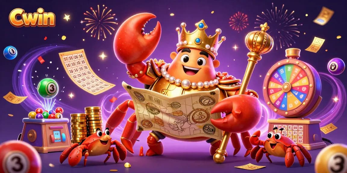 Cwin enriches the online gaming experience with a vibrant casino scene featuring a golden crab emperor and dynamic lottery elements.