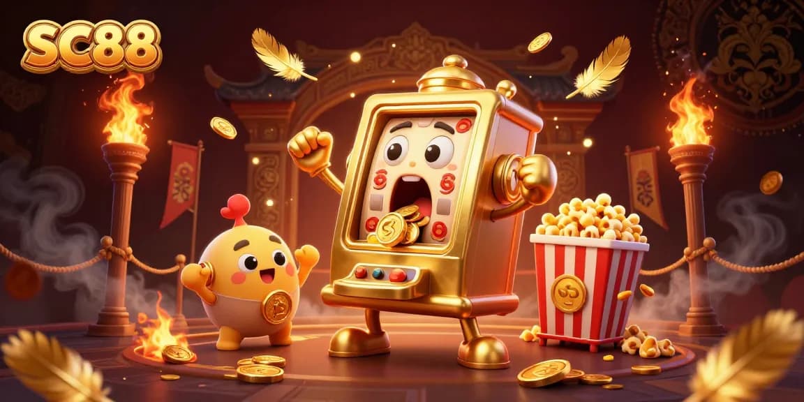 SC88 slot machine hits jackpot, exploding coins with vibrant casino scene and cheering machines.