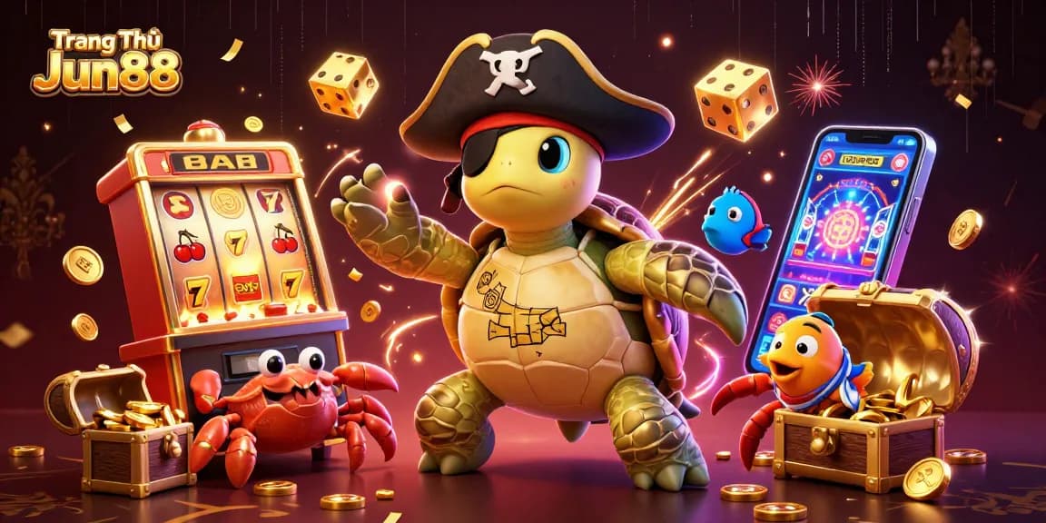 Experience the excitement with Trang Chủ Jun88, featuring a pirate turtle and vibrant casino elements.