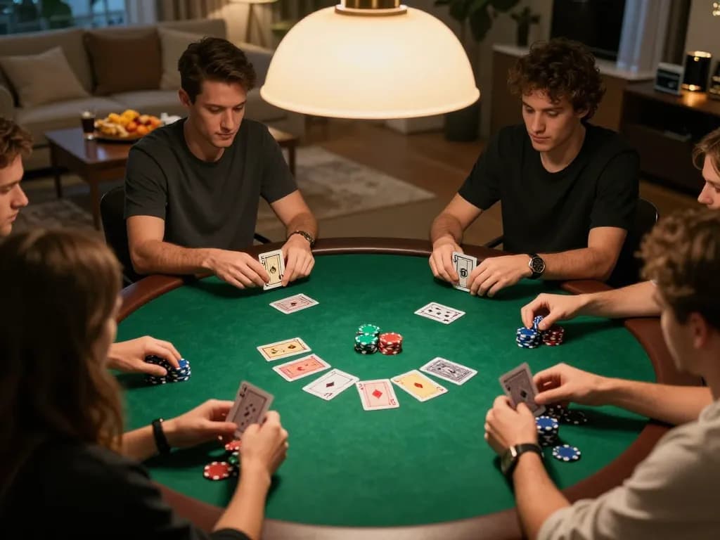Players engaging in a lively home poker game at XX88 vin with cards, chips, and drinks.