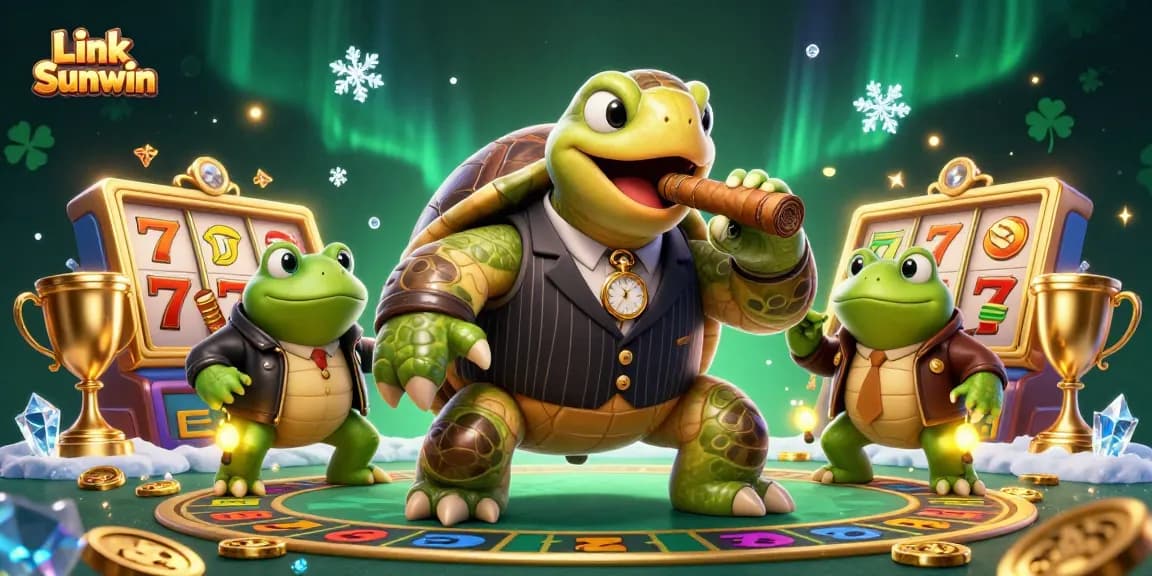 Join the exciting world of Link Sunwin with a vibrant illustration featuring a snapping turtle in a mobster suit!