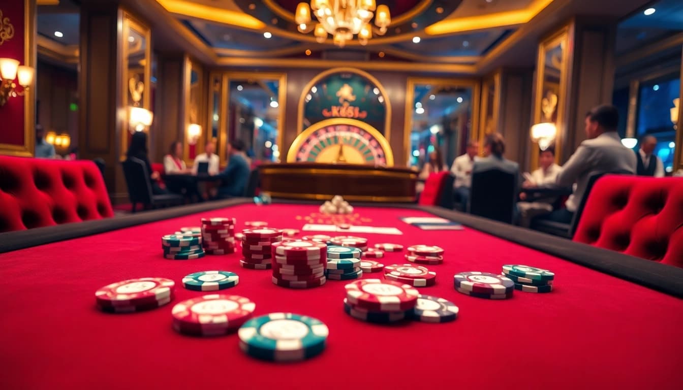 Engaging KK55 poker action at a luxurious casino table with vibrant chips and exciting gameplay.