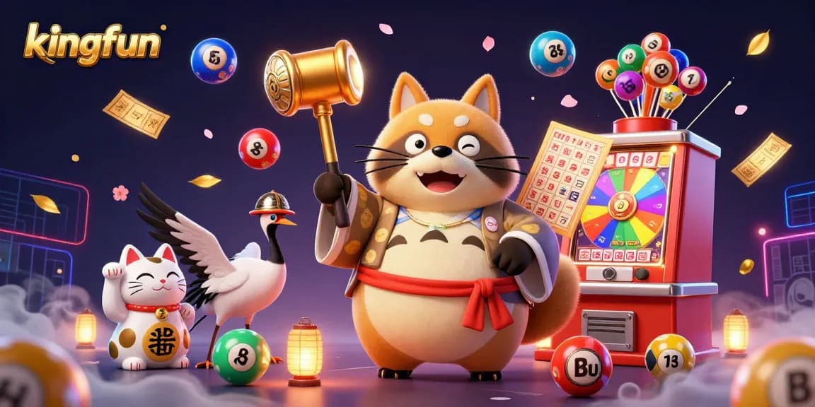 Engage with kingfun's vibrant casino scene featuring a cheerful tanuki, luck-bringing lottery elements, and festive Asian decor.