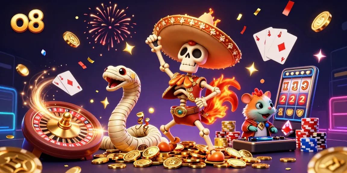 Experience the excitement of o8 with a dynamic illustration featuring casino characters celebrating winnings.