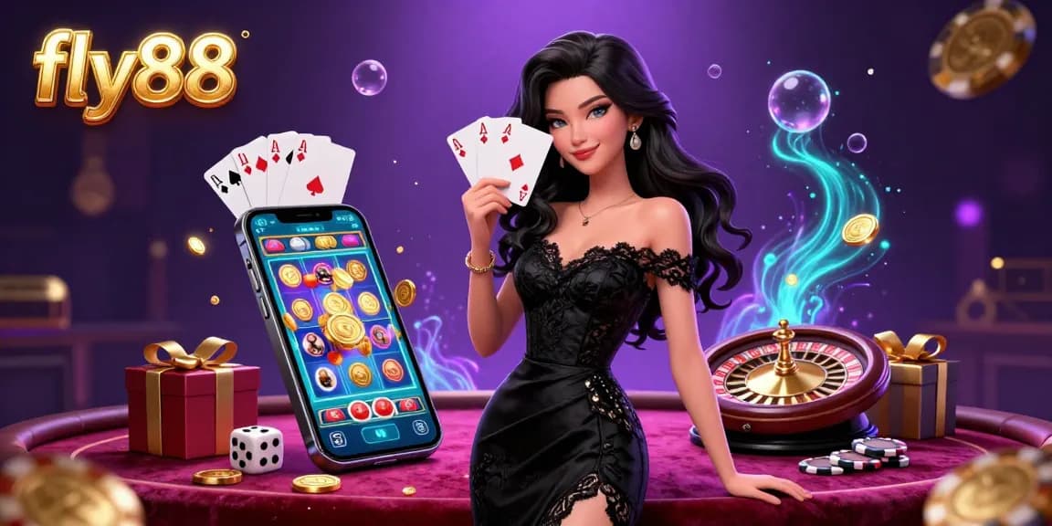 Experience thrilling gameplay at fly88 with a sophisticated Asian woman holding two aces in a vibrant casino.