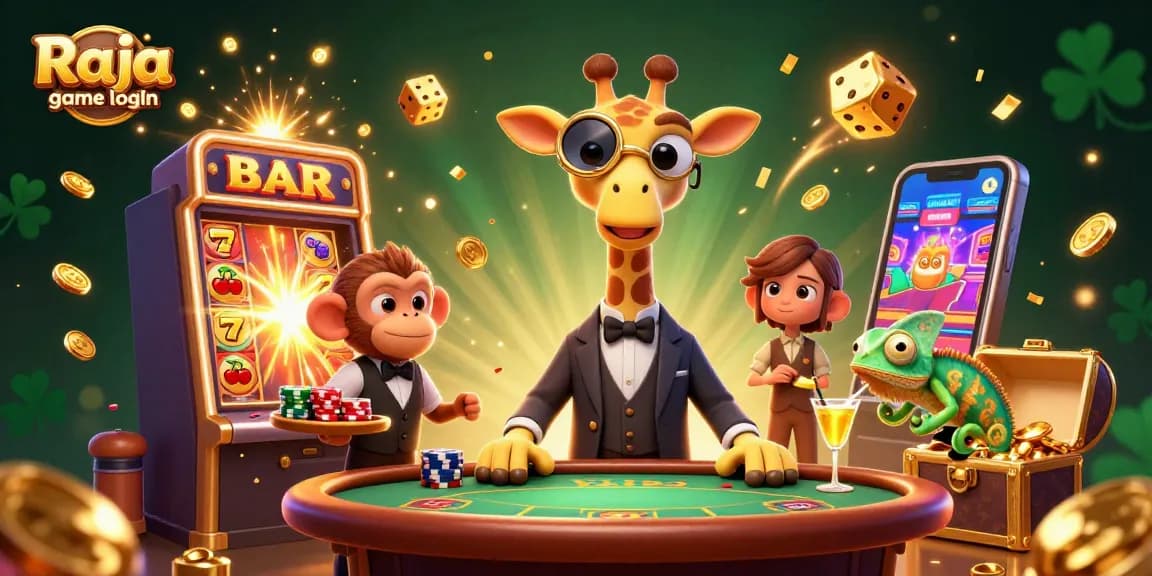 Experience Raja game login with a vibrant 3D casino scene featuring a high-roller giraffe, monkey valet, and chameleon bartender.