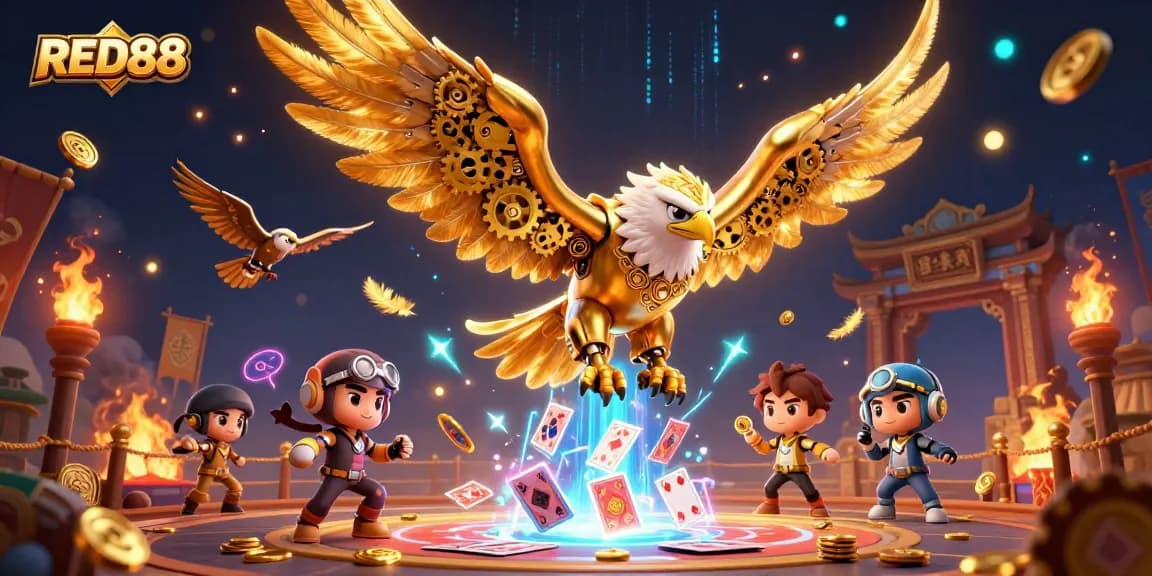Experience the thrill of RED88 through a cybernetic eagle and holographic cards in this vibrant illustration.