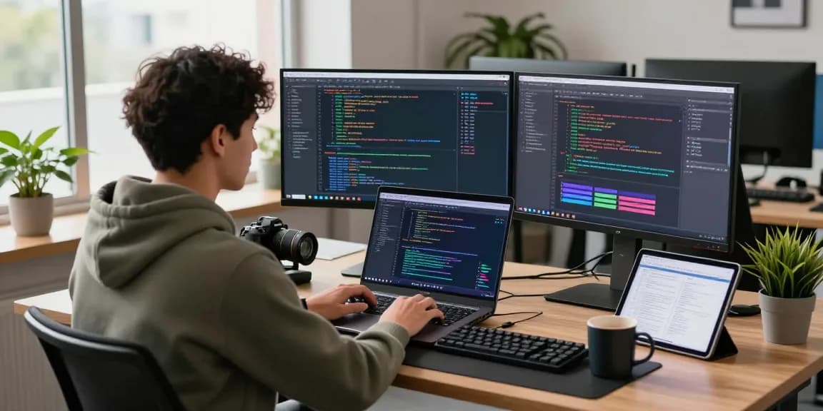 Developer focused on coding using slot7000 in a modern tech workspace.