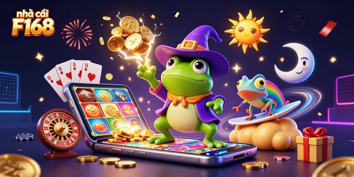 Experience exciting gameplay at nhà cái F168 with vibrant illustrations of casino elements and characters.