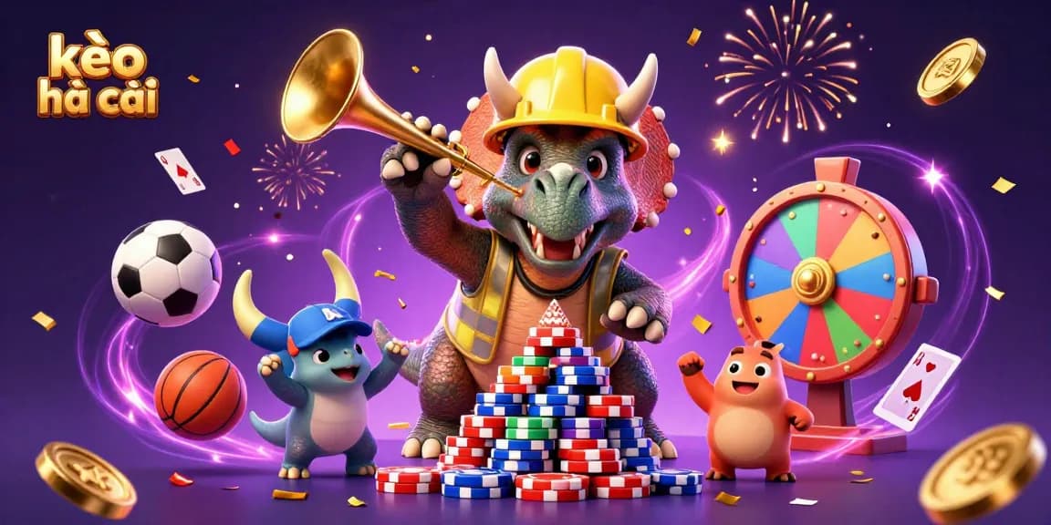 Build excitement with kèo nhà cái as a triceratops crafts poker chip pyramids in a vibrant scene.