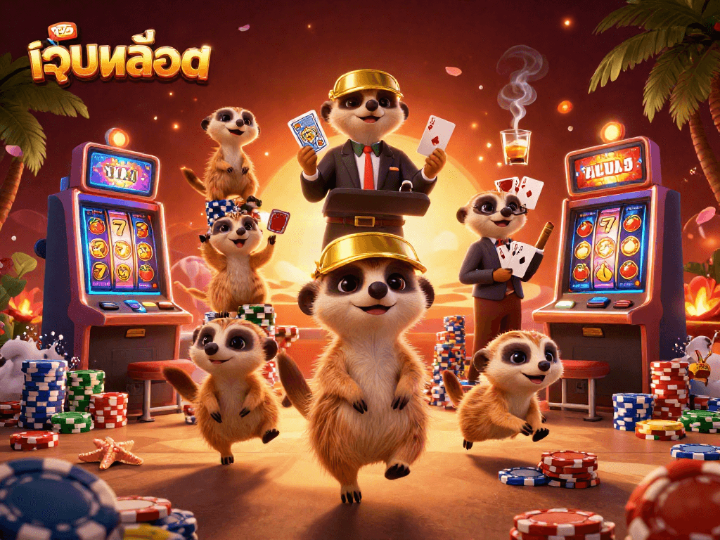 Win big with เว็บสล็อต as meerkats expertly manage a casino in this vibrant 3D illustration.